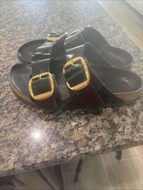 Birkenstock Shoes - Birkenstock Black Arizona Sandals with Gold Buckles